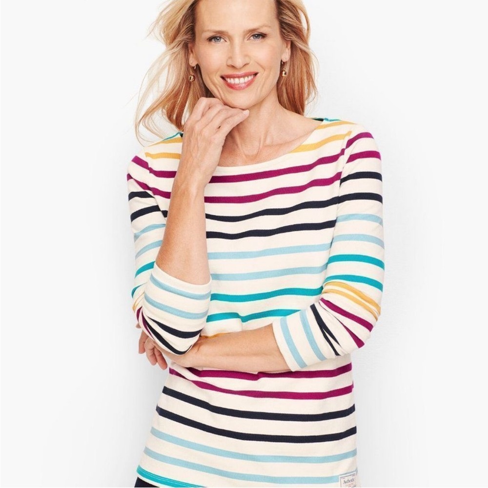 Talbots Authentic Multi Rainbow Striped Tee Bowen Stripe Size XL